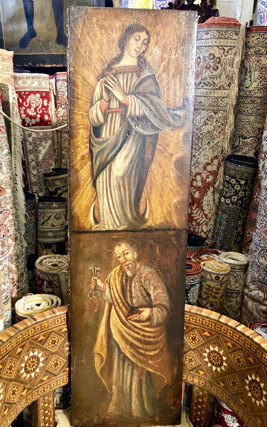 A VERY BEAUTIFUL 16TH CENTURY DOUBLED ICON OF OUR LADY OF GOD, ST. PETER, ARCH ANGEL MIKEL AND ST. PAUL.