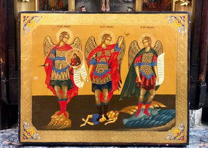 The Three archangels, handmade Russian icon, Moscow school. Late 19th and early 20th Century.