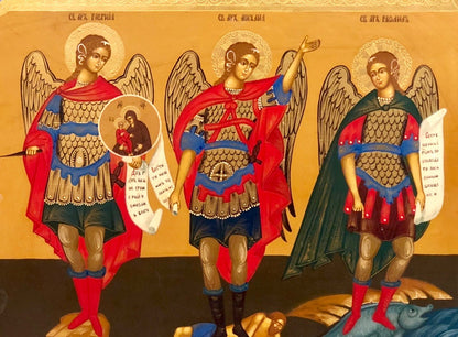 The Three archangels, handmade Russian icon, Moscow school. Late 19th and early 20th Century.