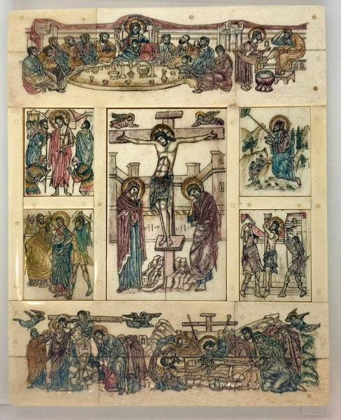 Life, The Crucifixion of Jesus Christ and The Last Supper, a very special handmade icon painted on Ivory. Late 19th and Early 20th Century.