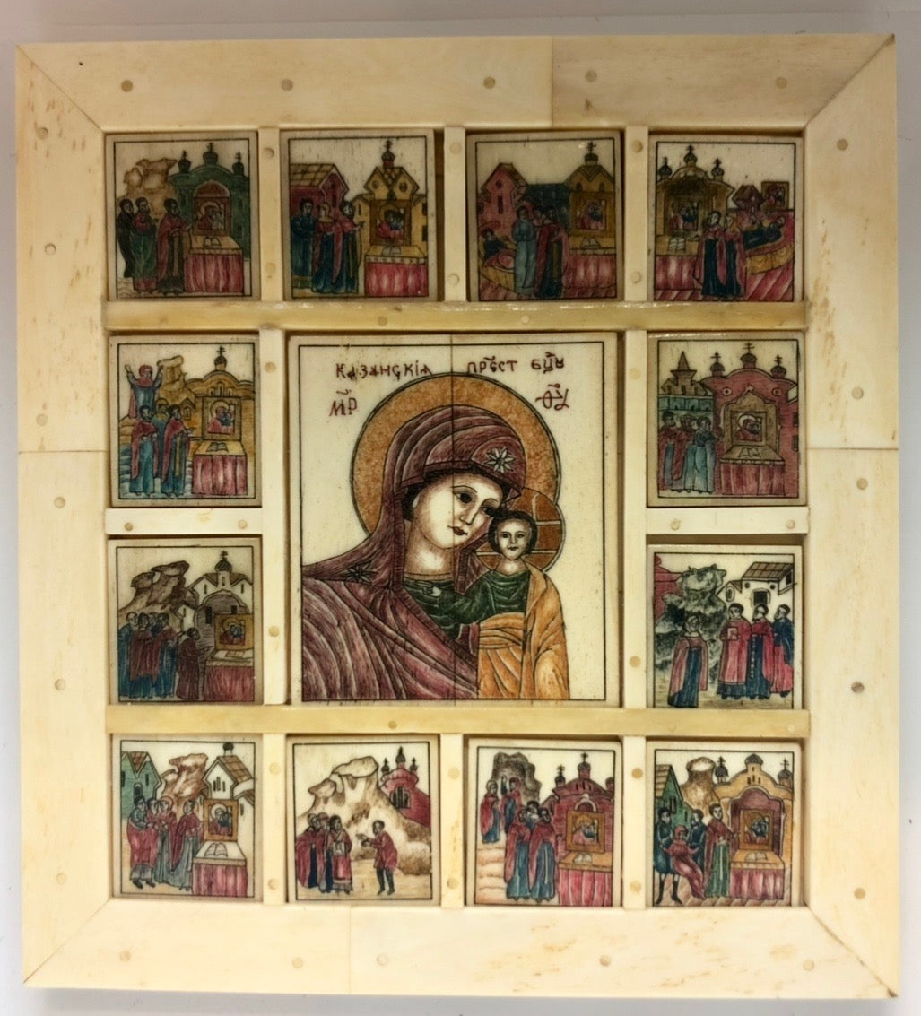 Life of The Virgin Mary, a very special handmade icon painted on Ivory. Late 19th and Early 20th Century.