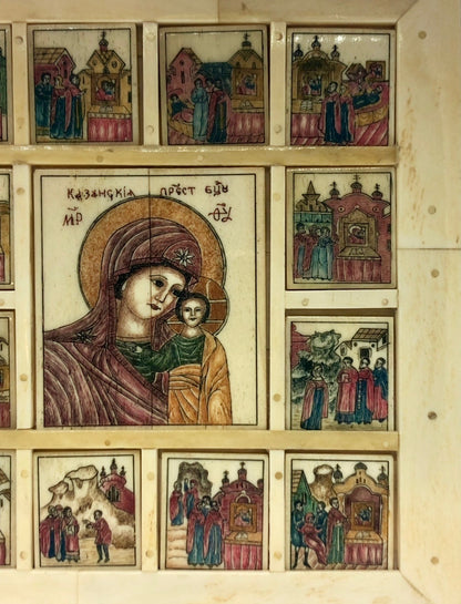 Life of The Virgin Mary, a very special handmade icon painted on Ivory. Late 19th and Early 20th Century.