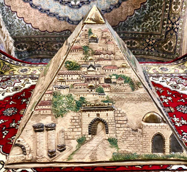 A Pyramid of The Holy City. Made out of Clay, covered with Platinum and Gold of 24 Carat.