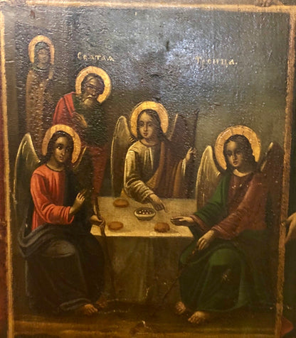 Abraham and Sara's visitation with the three Angels, handmade Russian icon , Moscow.