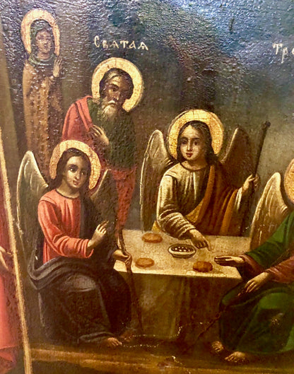 Abraham and Sara's visitation with the three Angels, handmade Russian icon , Moscow.