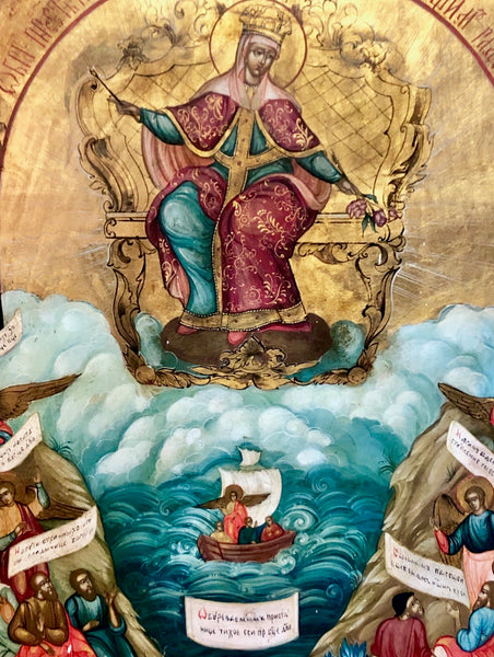 The Lady of God on the Middle and Our Lord Jesus Christ at the Top, along with the Thirteen Saints and Three Angels, handmade Russian icon, Moscow. 17th Century.