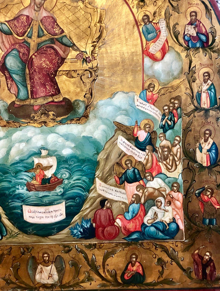 The Lady of God on the Middle and Our Lord Jesus Christ at the Top, along with the Thirteen Saints and Three Angels, handmade Russian icon, Moscow. 17th Century.