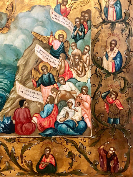 The Lady of God on the Middle and Our Lord Jesus Christ at the Top, along with the Thirteen Saints and Three Angels, handmade Russian icon, Moscow. 17th Century.