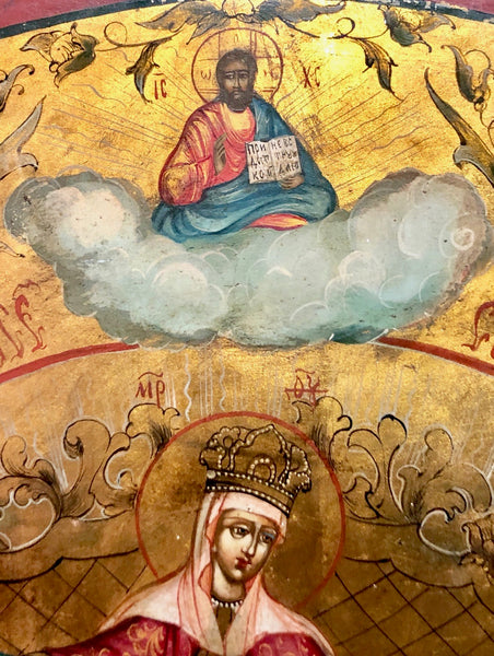 The Lady of God on the Middle and Our Lord Jesus Christ at the Top, along with the Thirteen Saints and Three Angels, handmade Russian icon, Moscow. 17th Century.