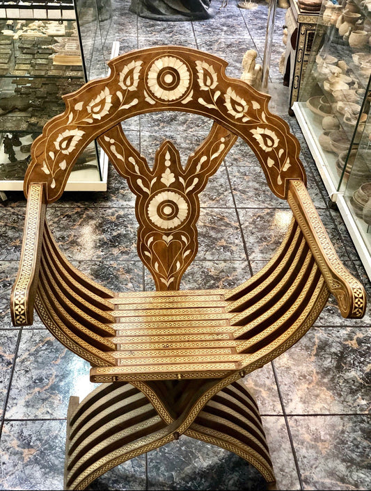 A Handmade Mother-of-pearl Chair, sculptured on wood. 19th Century.