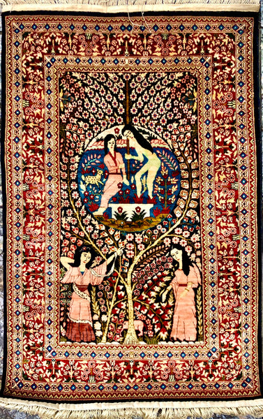 Persian Qom handmade silk on silk special carpet, it displays the story of Adam & Eve.