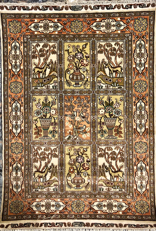 Persian Qom handmade stamped silk on silk carpet.