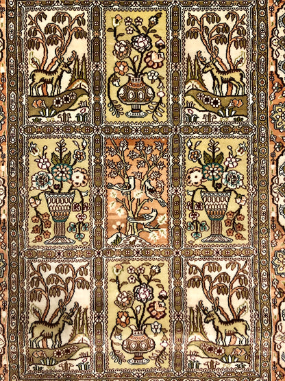 Persian Qom handmade stamped silk on silk carpet.