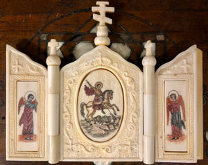 St. George killing a dragon, handmade icon painted and sculptured on Ivory. Late 19th Century.