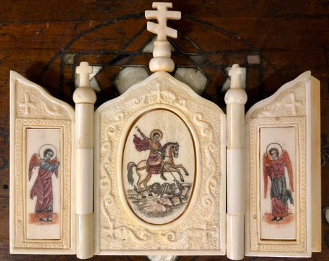 St. George killing a dragon, handmade icon painted and sculptured on Ivory. Late 19th Century.