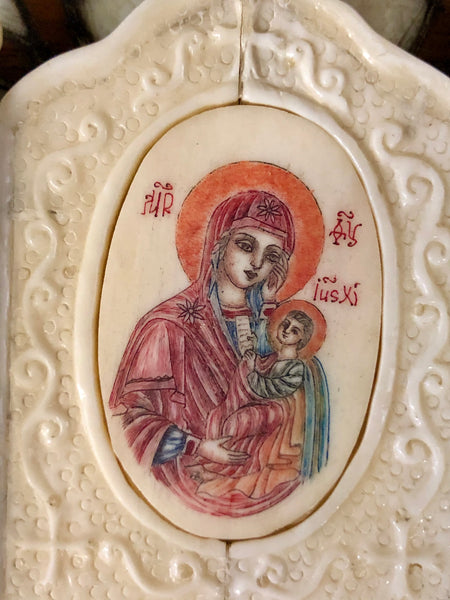 Mother of God, handmade icon painted and sculptured on Ivory. Late 19th Century.