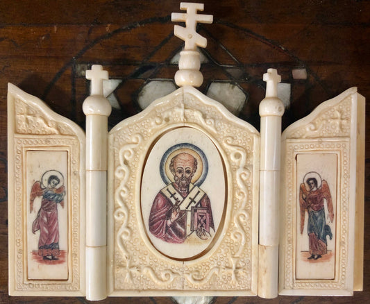 St. Nicholas, handmade icon painted and sculptured on Ivory. Late 19th Century.