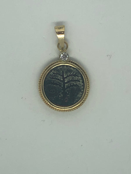 A Pendant of Bar Kochba Palm Tree coins, with a Diamond placed on the top, 14k.