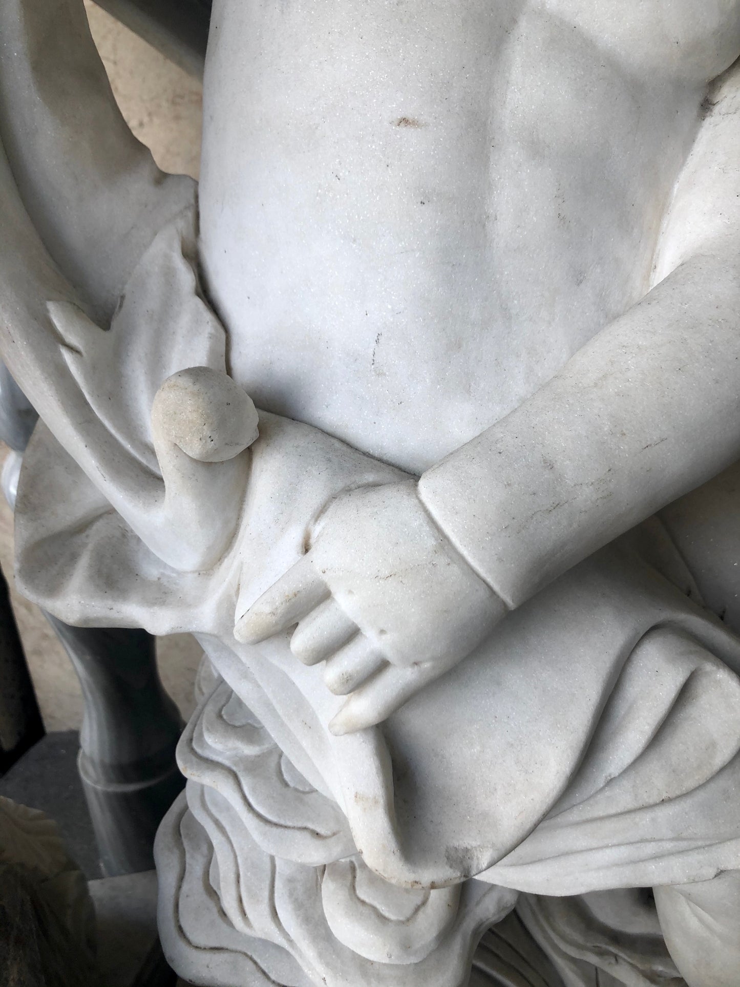 A Boy sitting on tree branch, handmade Marble Statue. 19th Century (1880)