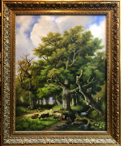 A Shepherd resting his back on an Oak Tree, along with his fold, handmade Oil Painting.