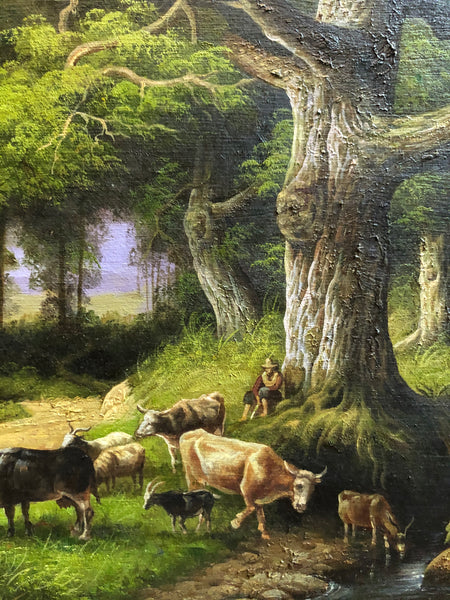 A Shepherd resting his back on an Oak Tree, along with his fold, handmade Oil Painting.