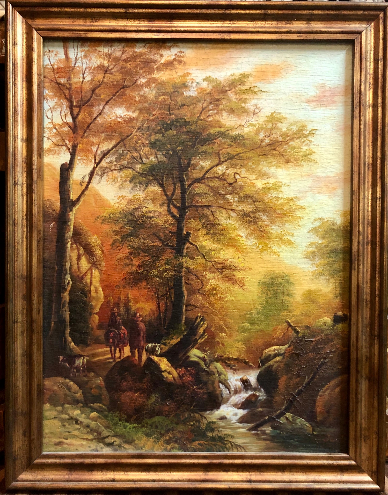 A Shepherd on a horseback with a walking man deep into the woods, handmade Oil Painting.