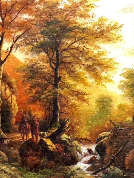 A Shepherd on a horseback with a walking man deep into the woods, handmade Oil Painting.