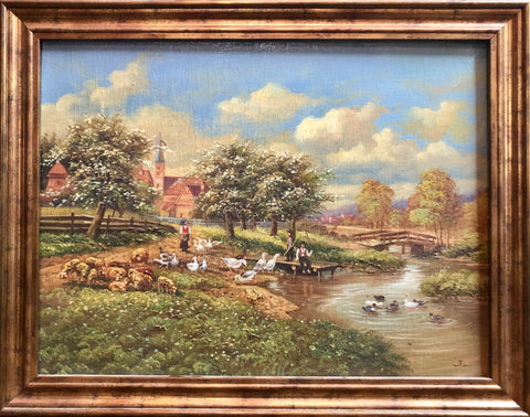 A Farmland, stream and a working-class family, handmade Oil Painting.