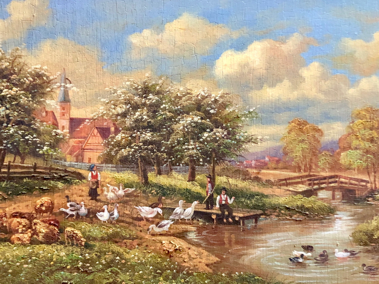A Farmland, stream and a working-class family, handmade Oil Painting.