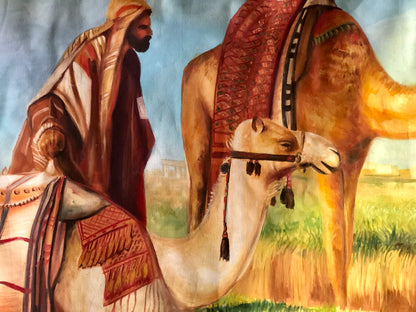 The Arabian Dessert, a knight with his camel, handmade Oil Painting.