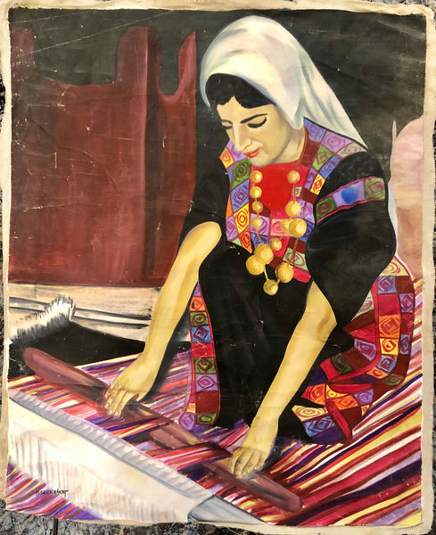 Arabian Woman sewing a handmade wool carpet, handmade Oil Painting.