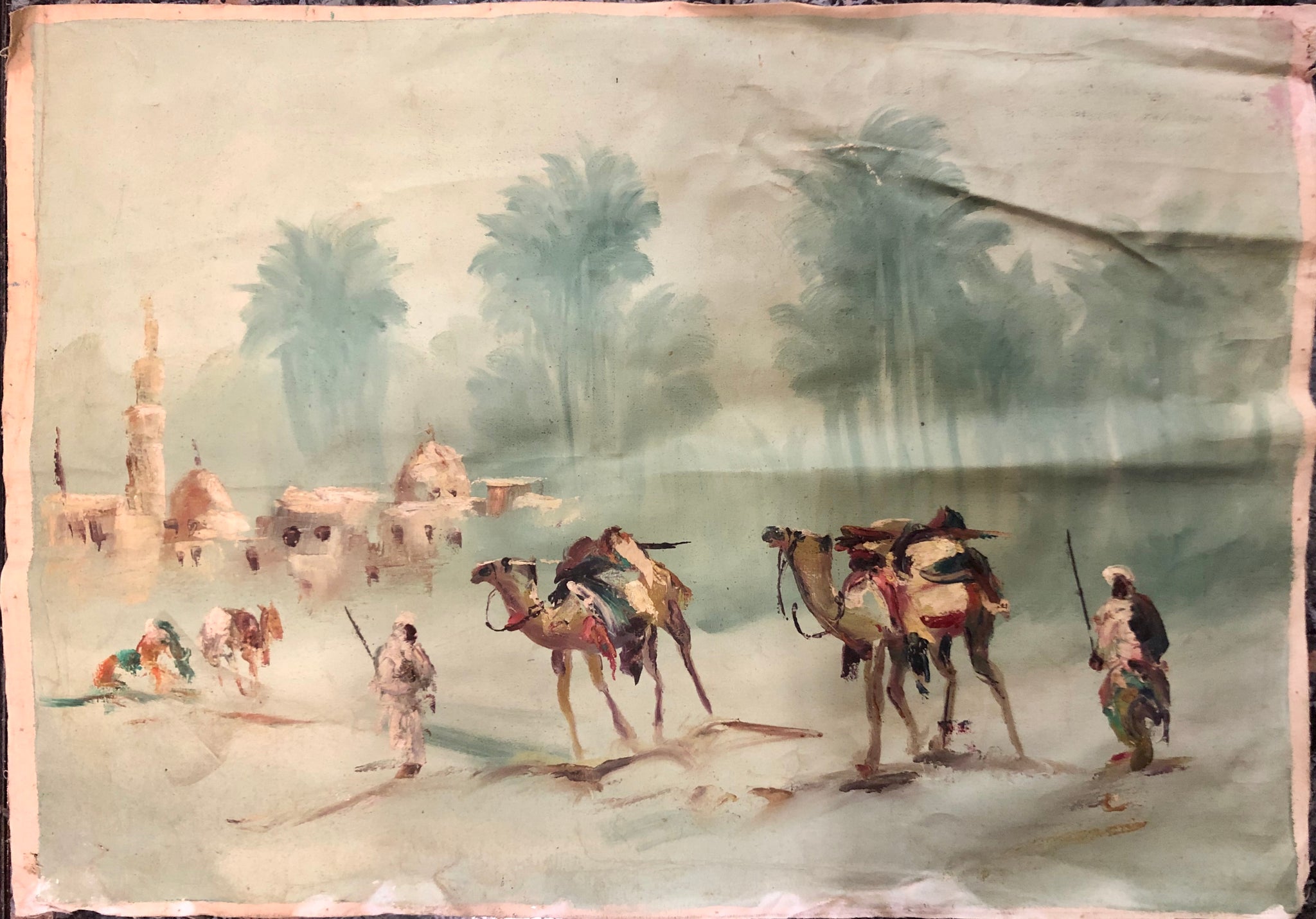 The Arabian Dessert, Camels carrying goods and a mosque surrounded by palm trees, handmade Oil Painting.