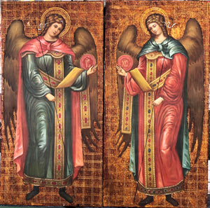 The Two Archangel Michael and Gabriel, handmade Pair Russian Icons, Moscow. 20th Century.