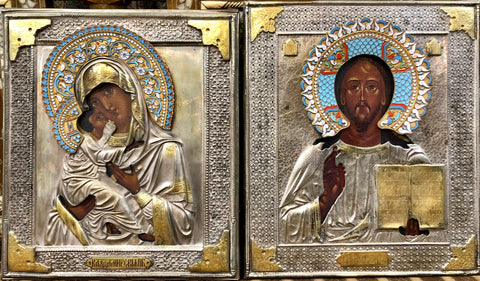 A Russian Enameled-Silver Stamped Pair of the Wedding icon of Jesus Christ and Mother of God 19th Century.