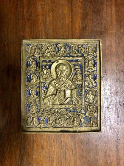 A handmade Bronze Russian icon of St. Nicholas. 19th Century.