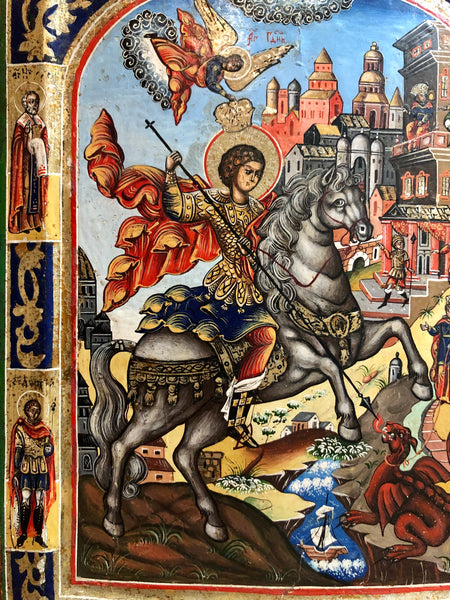 St. George killing the dragon. Handmade russian icon, Moscow, 17th Century.