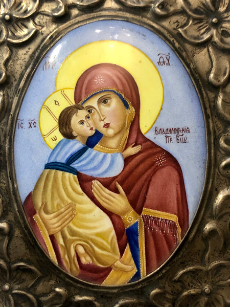 A Russian Enameled Silver Icon of Mother of God. 18 Century.