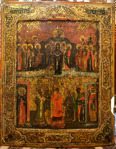 Mother of God Pokrov, a handmade Russian Icon. 19th Century.