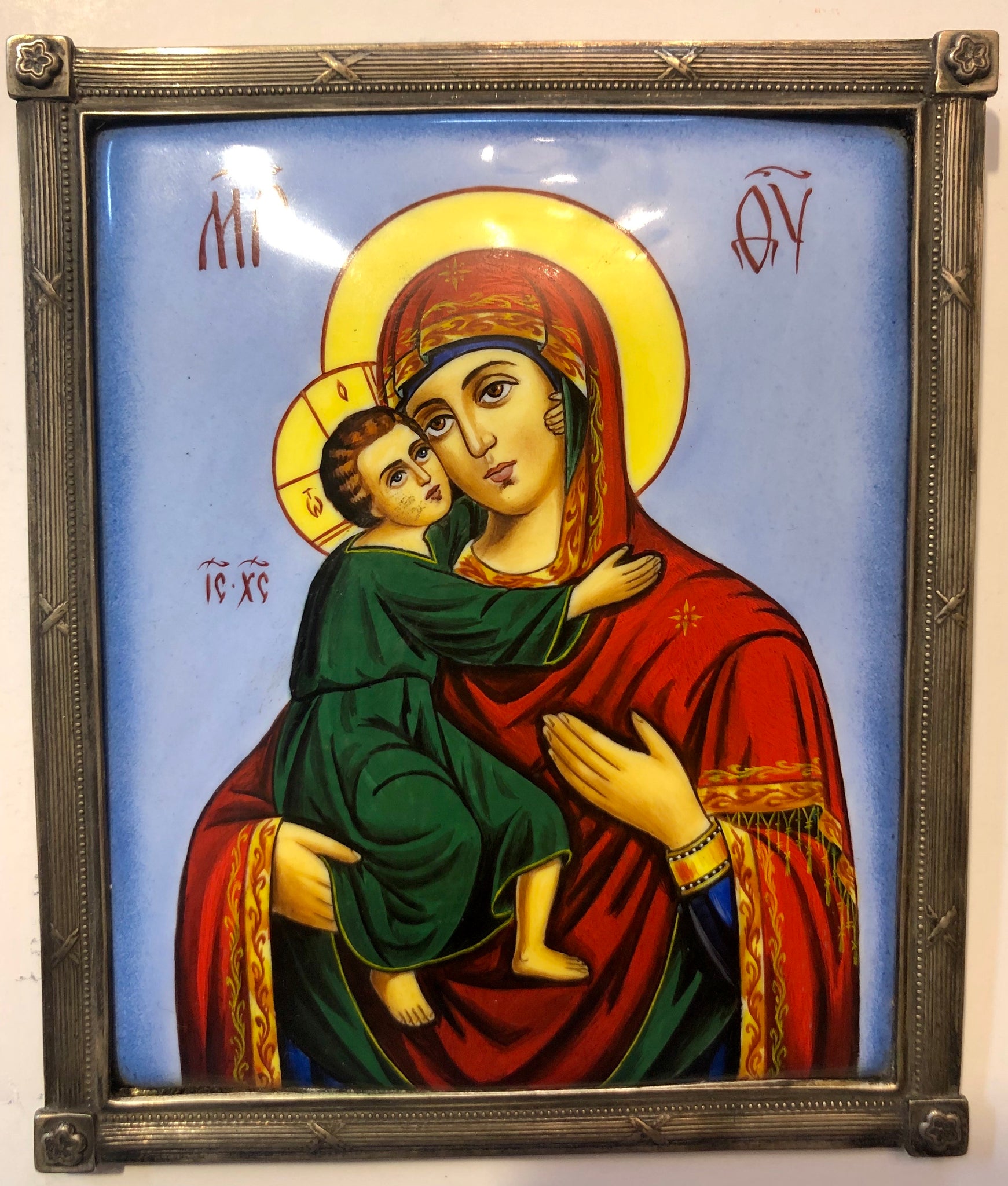 A Russian Silver Enameled icon of The Mother God. 19th Century.