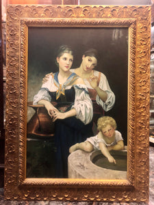 A handmade Oil-paintin of Two ladies and a baby. 20th Century.