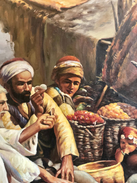 A handmade Oil-painting of an Arabian family in the desert.