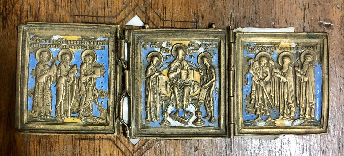 A handmade Bronze Russian Folded icon of The three Evangelist, Diocese and The angel Gabriel. 19th Century.