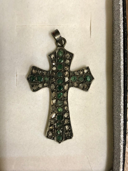 A Russian Golden Cross, Emeralds stones with Diamonds. 120 Years old. 10K