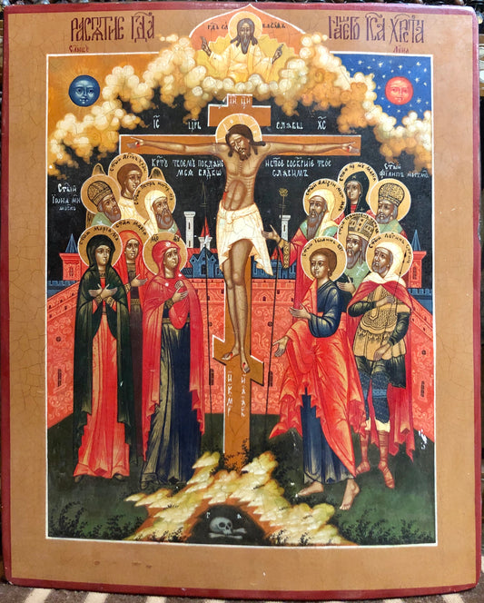 The Crucifixion of Jesus, handmade Russian icon, 19th Century.