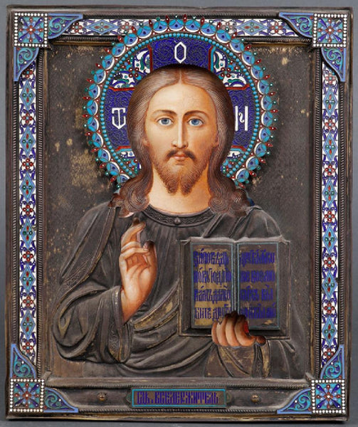 RUSSIAN ICON SILVER & ENAMEL OKLAD MOSCOW 1895