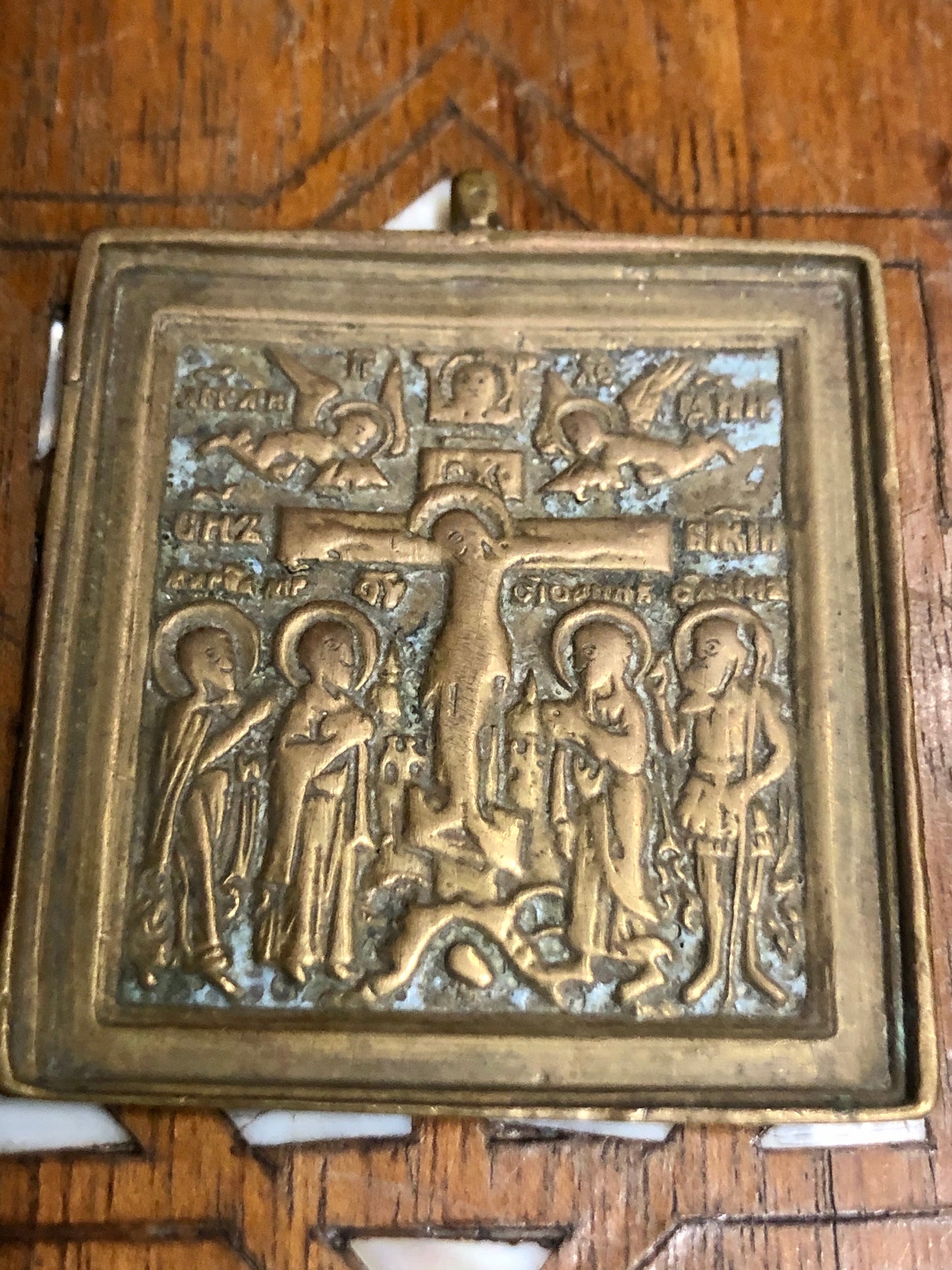 A handmade Bronze Russian icon of Jesus's Crucifixion. 18th Century.