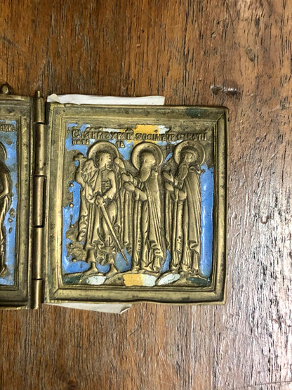 A handmade Bronze Russian Folded icon of The three Evangelist, Diocese and The angel Gabriel. 19th Century.