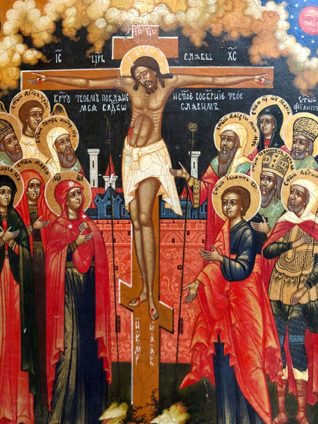 The Crucifixion of Jesus, handmade Russian icon, 19th Century.