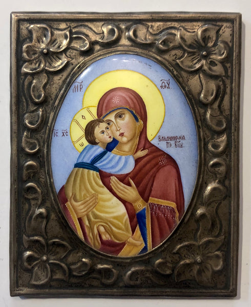 A Russian Enameled Silver Icon of Mother of God. 18 Century.