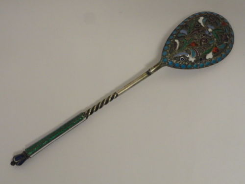 Antique Russian silver cloisonne enamel spoon. Length is 5 inches circa 1908